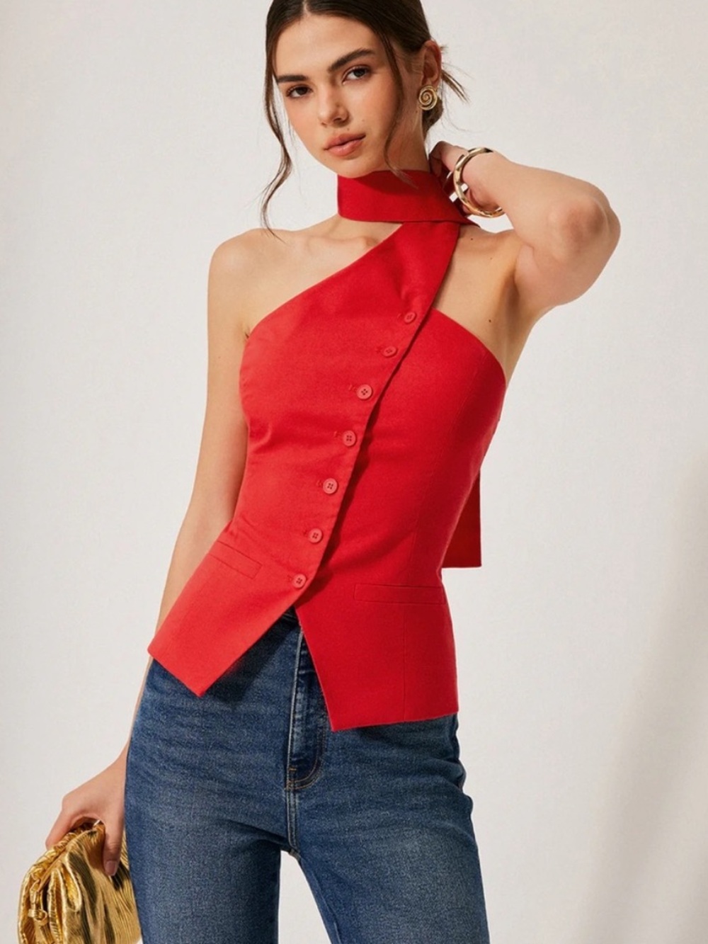 Commense Asymmetric One-Shoulder Red Top with Neck Tie